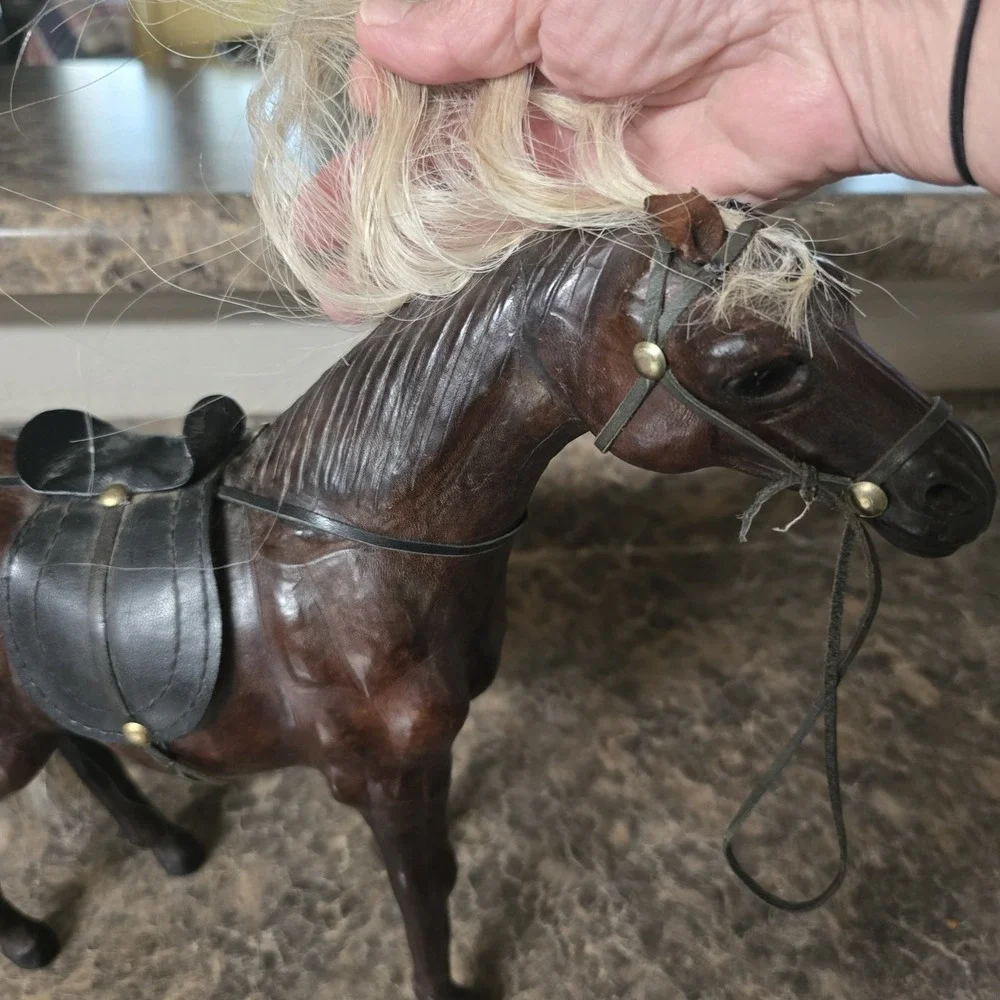 Vintage Leather Wrapped Horse‎ Figurine Real Horsehair Mane Tail Western...